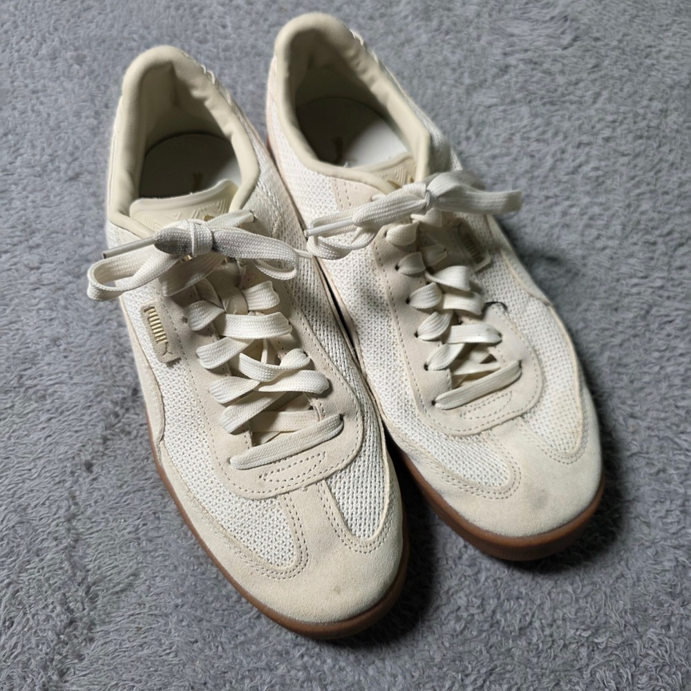 Puma Womens 9.5 Club Nylon Sneakers Cream Gum Sole 404213-01 Gold Accent - Picture 3 of 9